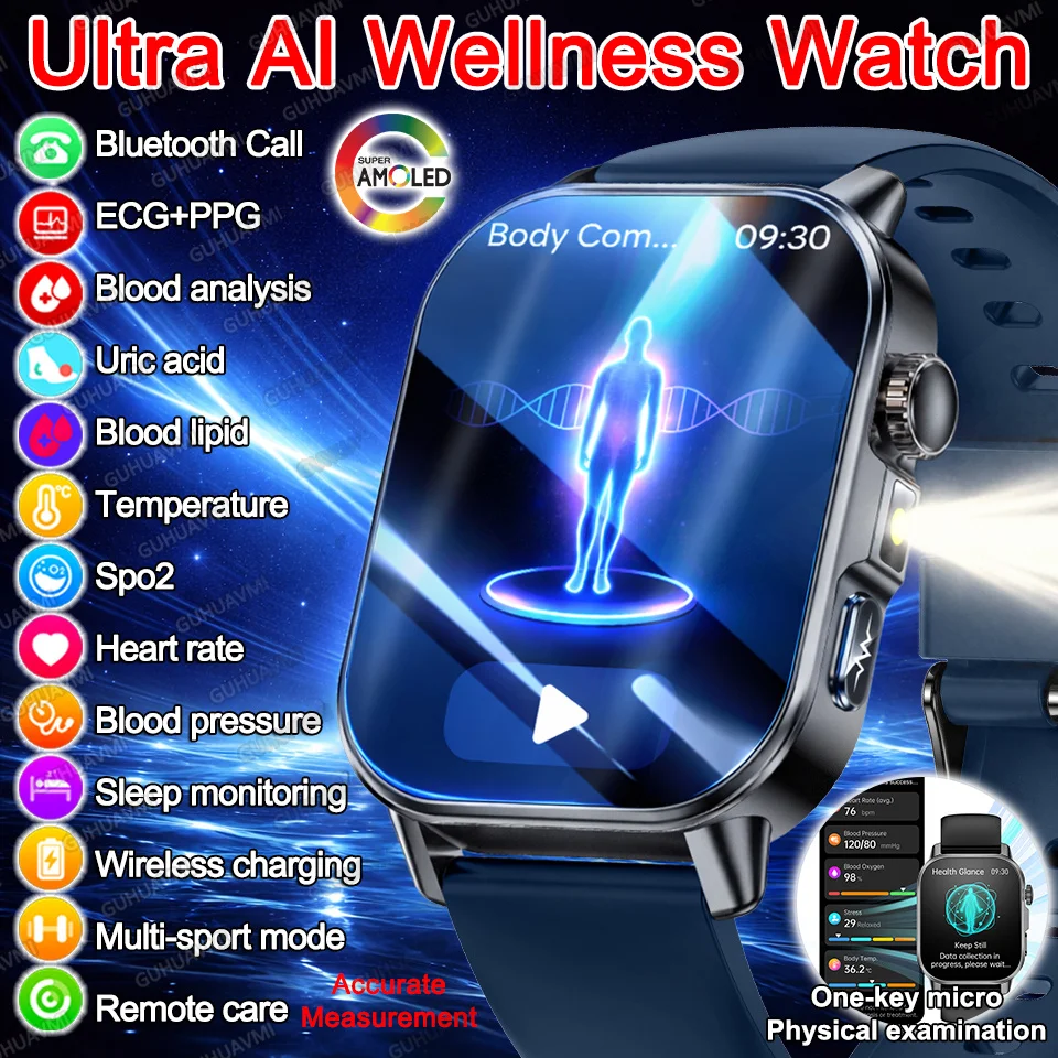 

2026 New AI Diagnosis ECG+PPG Blood Pressure HeartRate SpO2 Uric Acid Lipids Sleep HD Sapphire Screen LED Flashlight Smart Watch