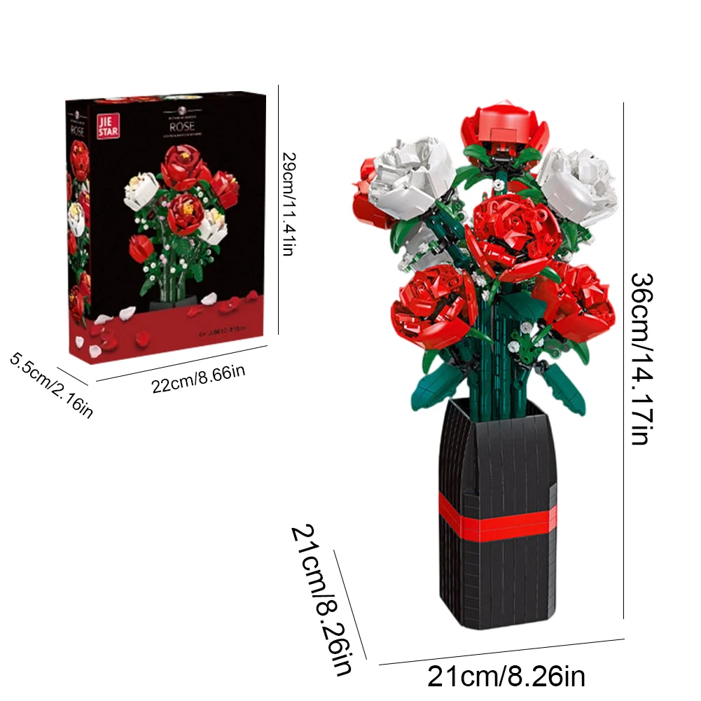 Juego de construcción de juguetes de rosas artificiales con jarrón, bloques de construcción, juguetes de ladrillos de flores, regalo de cumpleaños y Navidad para adultos