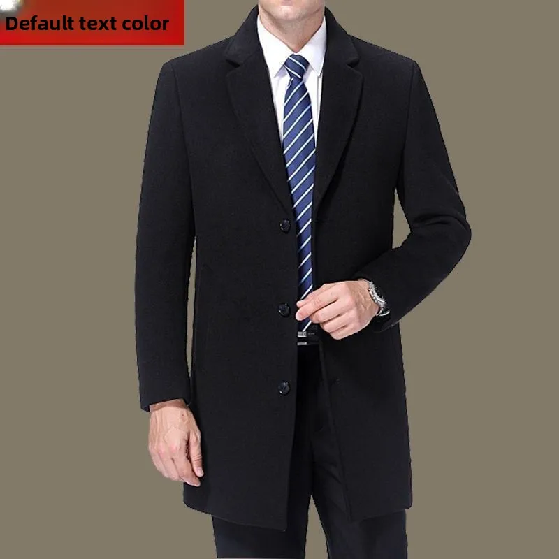 Men's Woolen Coat Medium Length Casual Business Suit Collar Windbreaker Jacket Warm Long Sleeve Pure Color Autumn Fashion