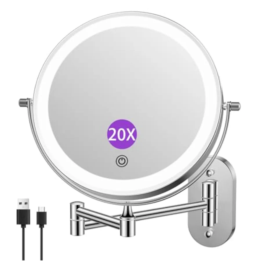 

2500mAh Rechargeable Wall Mounted Lighted Makeup Vanity Mirror 8 Inch Double Sided 1X 20X Magnifying Bathroom Mirror 3 Color Li