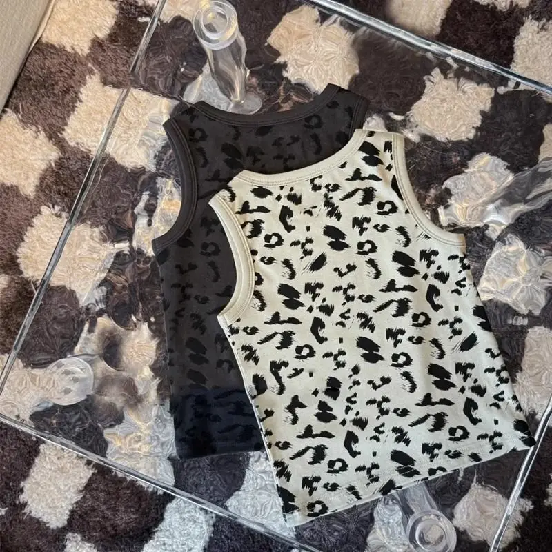 Korean Childrens Clothing Vest for Boys and Girls in Summer 2025 New Style Leopard Print Slim Fit Sleeveless Top