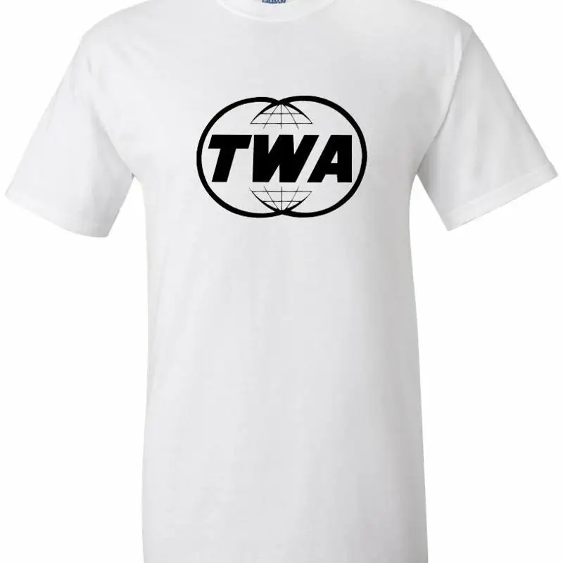 تي شيرت TWA Trans World Airlines بشعار أسود للسفر الأمريكي من القطن الأبيض