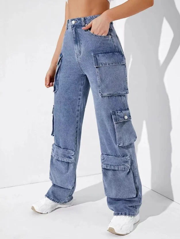 Trendy American Retro Handsome Streetwear Women's Fashion Jeans Flip Pocket Denim Cargo Pants High WaistWashed Hiphop Chic Jeans