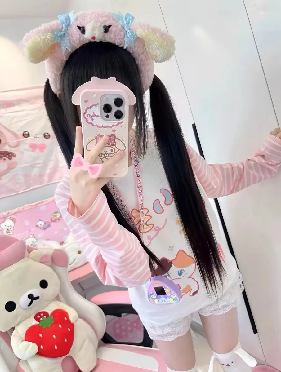 Harajuku الجرونج تي شيرت اليابانية المرقعة الوردي شريط عادية تيز الخريف الكرتون الطباعة Kawaii لطيف Y2k القمم الجمالية #4