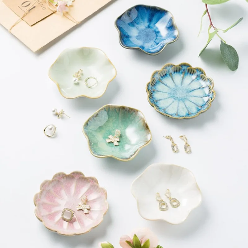 Lotus Jewelry Green Tray Ceramic Ring Necklace Dish Key Bowl Cute Ring Trinket Holder Girl Bedroom Organize Home Decoration