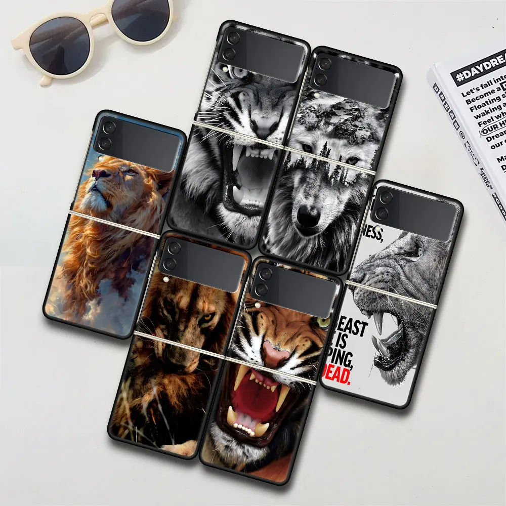 Lion Tiger Beast King Wolf Case for Samsung Galaxy Z Flip4 Flip3 Hard PC Phone Cover Flip 4 3 5G Black Funda Zflip4 Zflip3 Shell