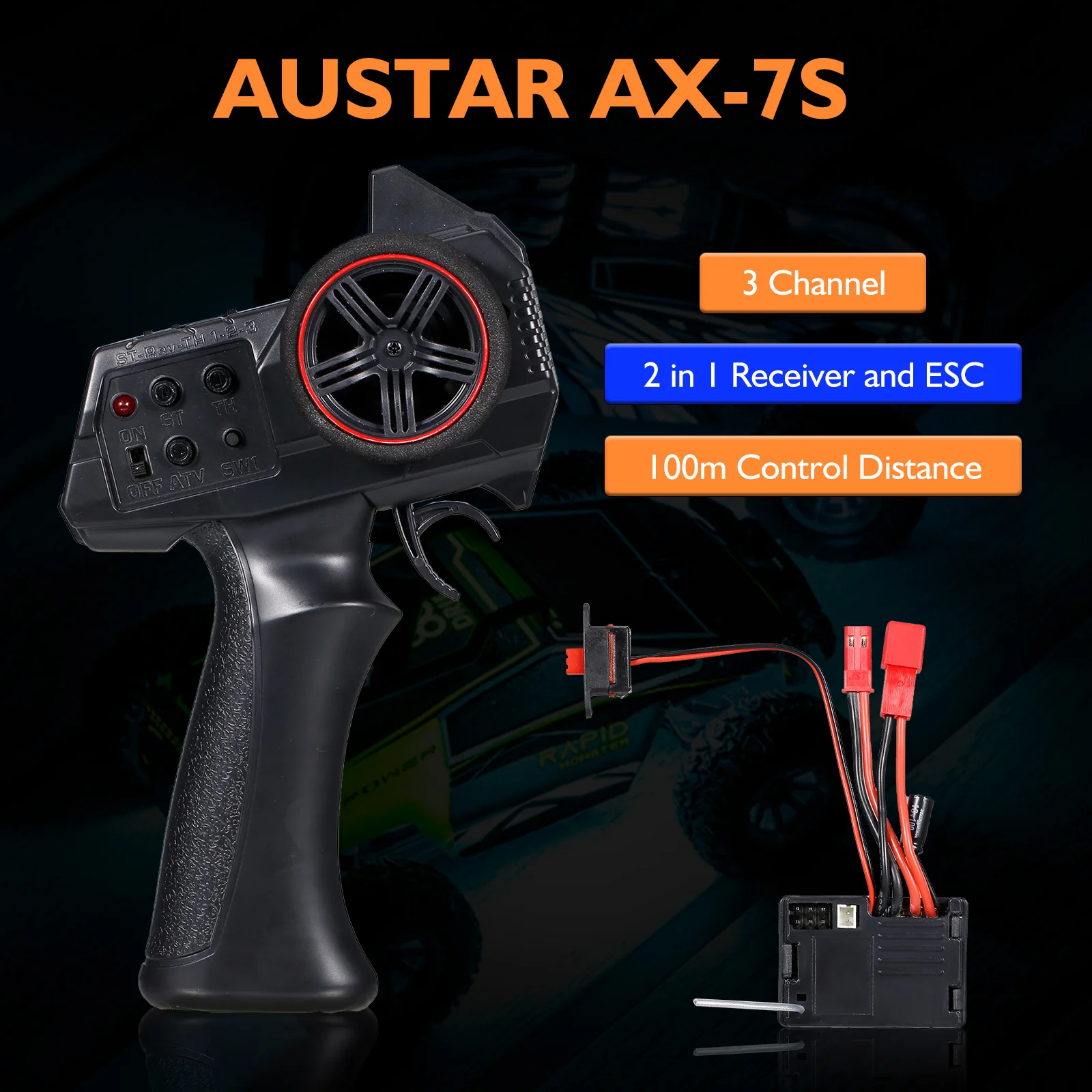 AUSTAR AX-7S 2.4G 3CH Transmitter Remote Controller with 2 in 1 Receiver ESC for 1/14 1/16 1/18 1/24 1/28 1/32 RC Car RC Boat