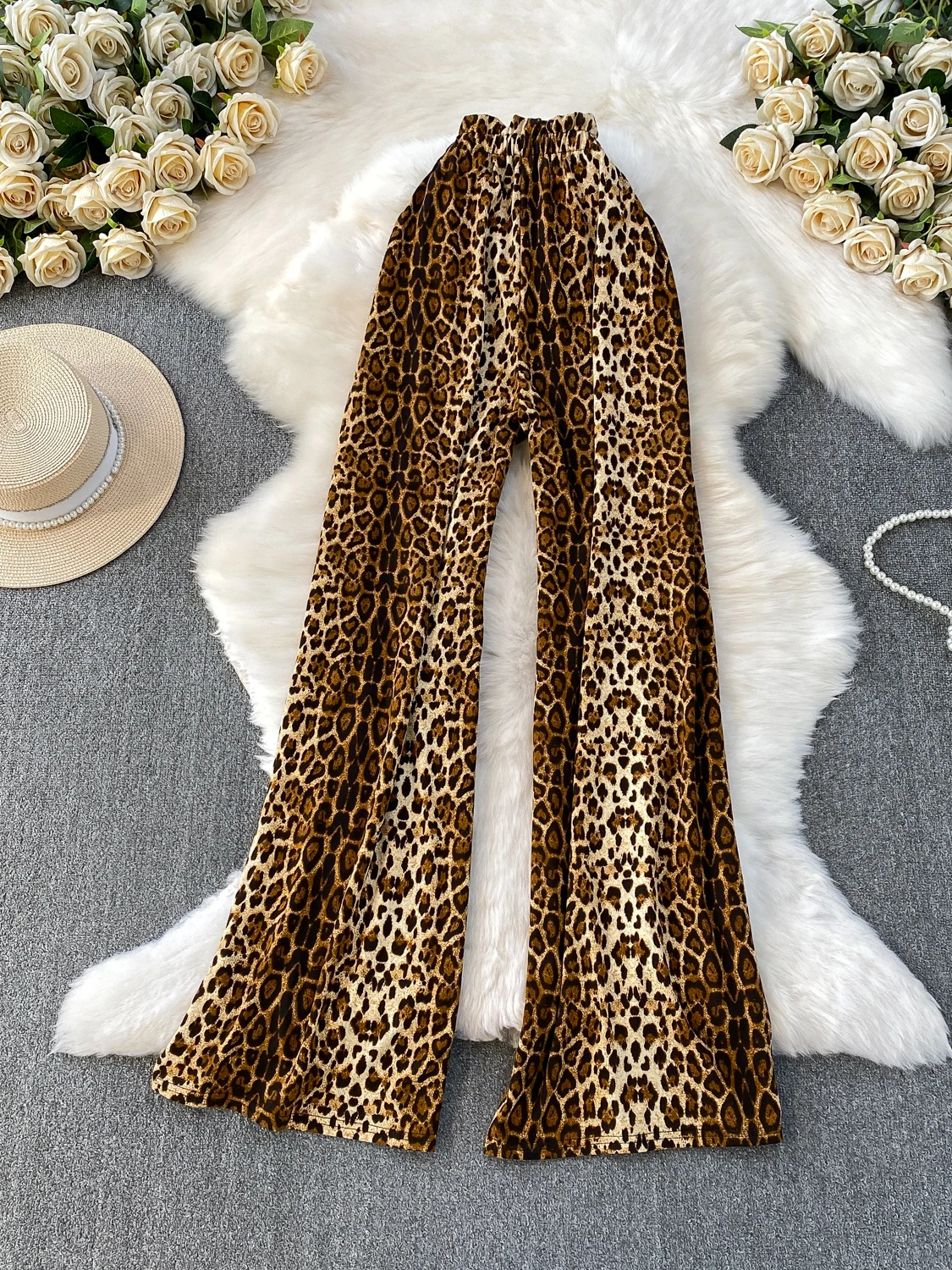 العصرية ليوبارد طباعة بنطال ذو قصة أرجل واسعة المرأة عادية عالية الخصر التخسيس متوهج السراويل ربيع الخريف جديد Sle الساخن فتاة Faion #4
