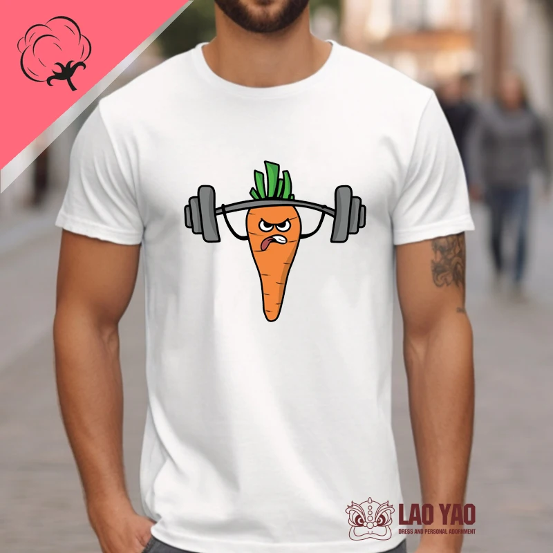 Cute Carrot Weightlifting Streetwear 100% Cotton Funny T Shirts Short Sleeved T-shirt Y2k Clothing Kpop Tops Harajuku Men Tees