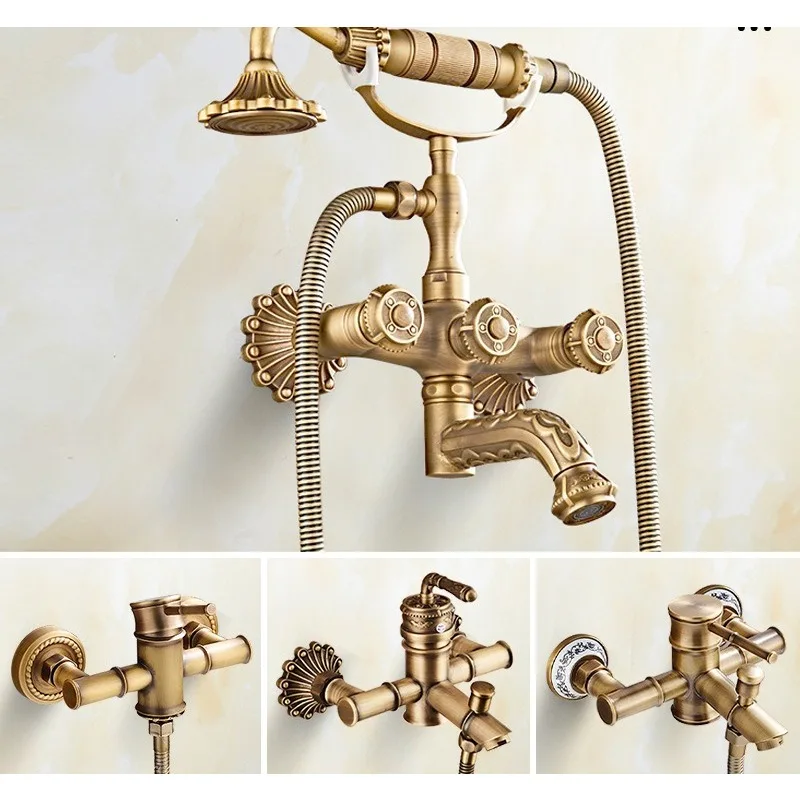 European-style antique copper bathtub faucet, household bathroom wall-type liftable simple handheld shower set