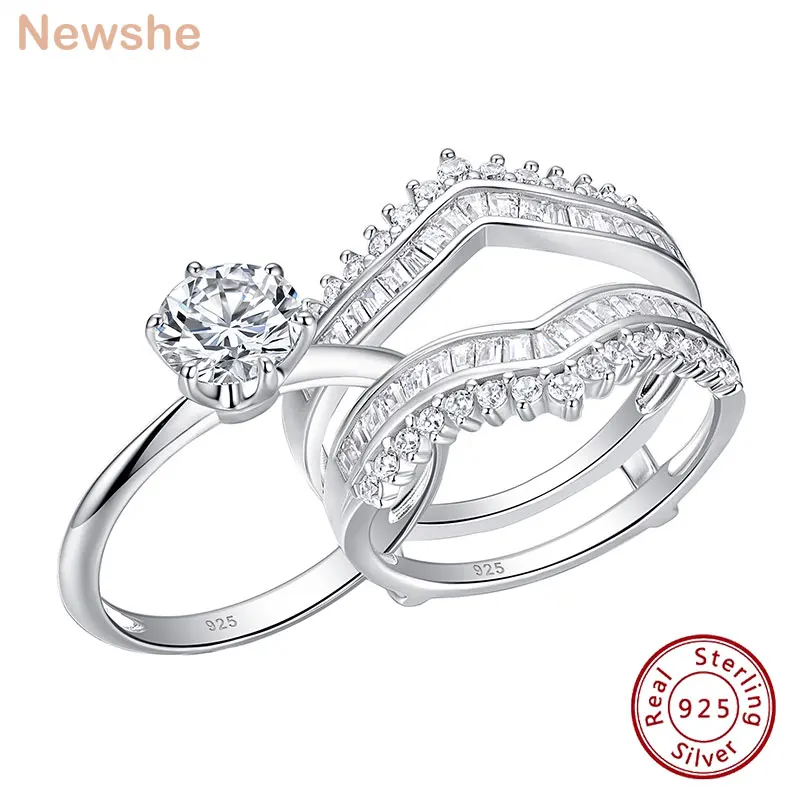 Newshe-Conjunto de anillos de compromiso de Plata de Ley 925 auténtica, potenciador de corte redondo, Circonia cúbica AAAAA, joyería nupcial de boda para mujer