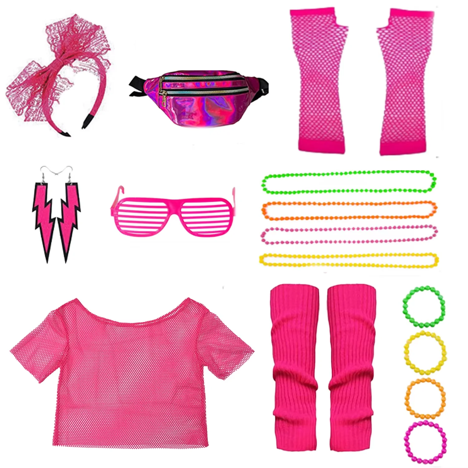 PESENAR 女性用ドレスアップアクセサリー 80年代風ドレスアップイヤリング ウエストバッグ 半袖ヘアフープ 膝パッドなど9点セット