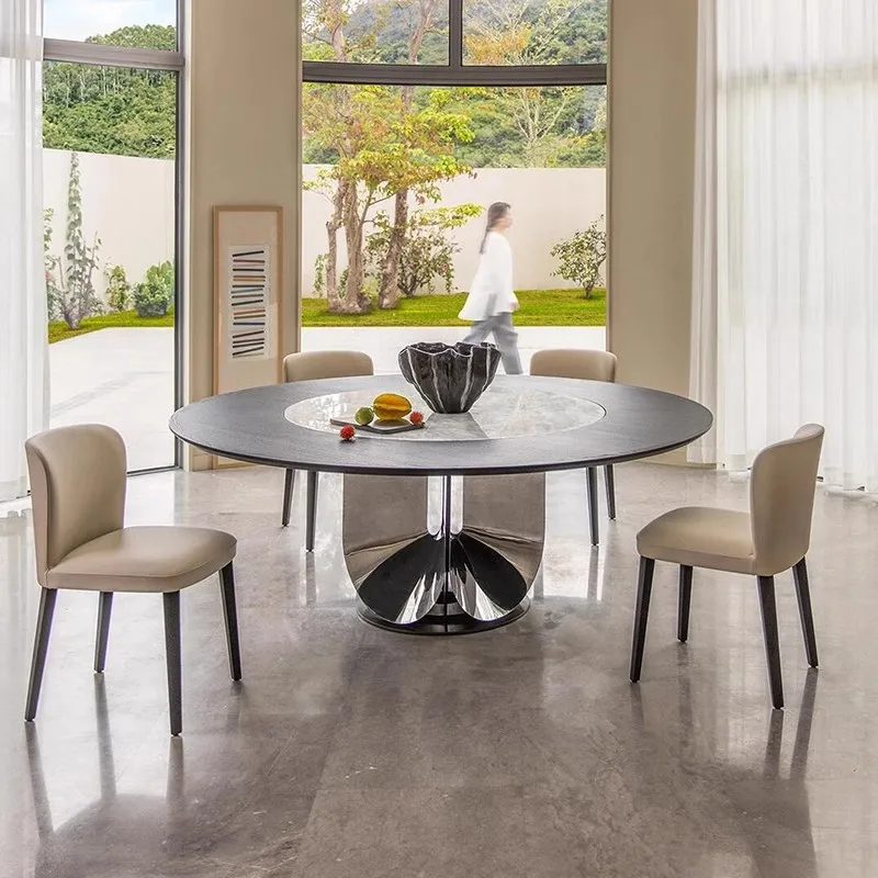 Italiano, minimalista, madeira maciça, incrustado, mármore, mesa de jantar redonda, aço inoxidável, luxo leve, alto sentido