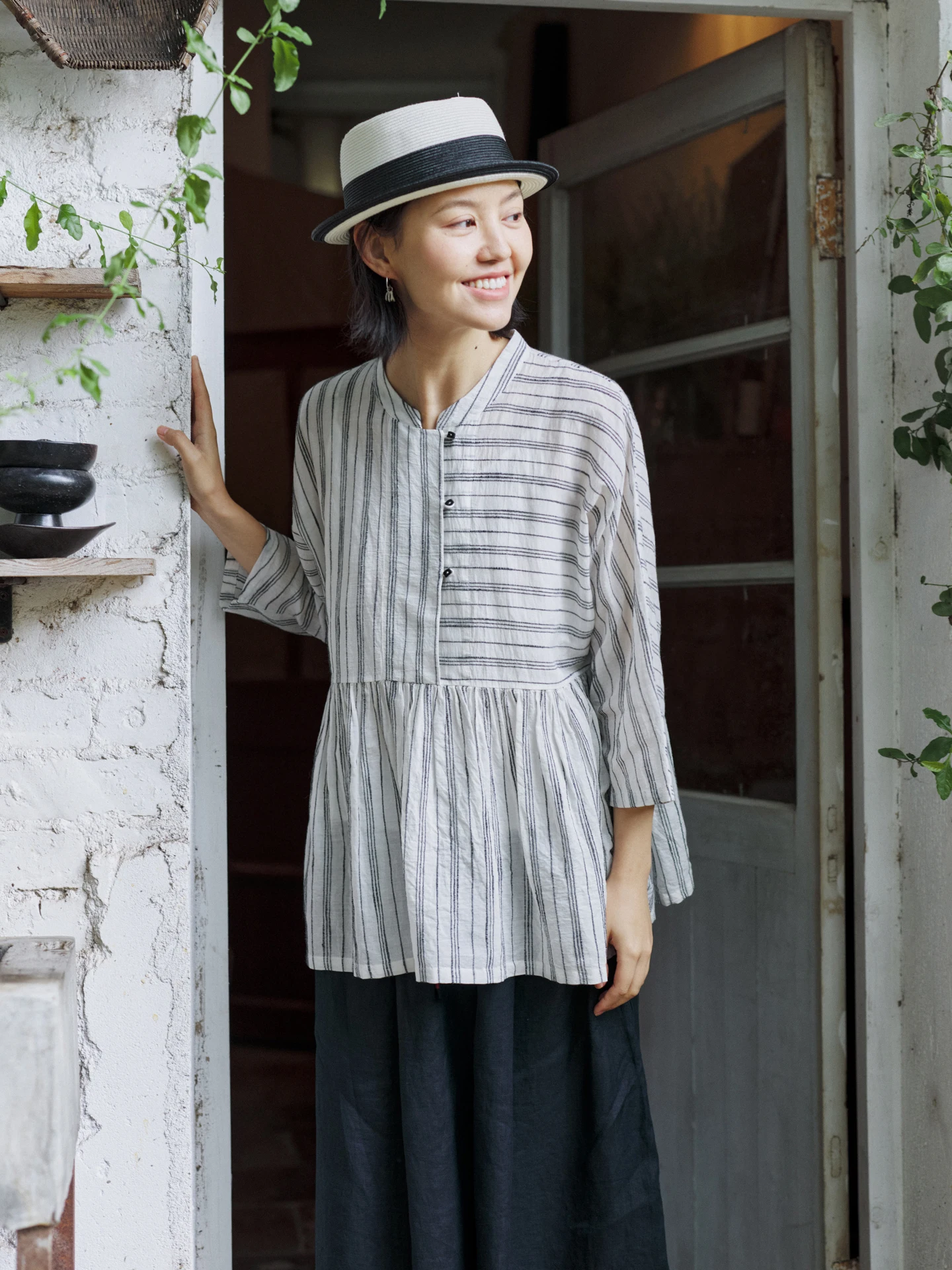 

Handwoven Khadi Cotton Oversized Striped Top Women's Commute Sle Long Sve Button Front irt Loose Fit Casual Wear