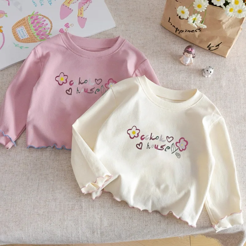 Cotton Girls' Long Sleeved T-shirt New Spring and Autumn Lace Round Neck Children's Top Versatile Autumn Base Shirt Cotton