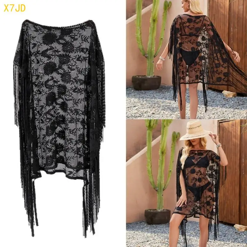 

X7jd Женская пляжная платья кисточки вязаное пляжное прикрытие Hollow Out Swimsuit Cover Up Loak Bathing Coste для пляжной