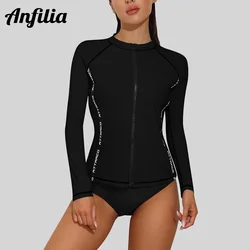 Anfilia Rash Guard per donna camicia da bagno frontale con cerniera a maniche lunghe UPF 50 Top da nuoto