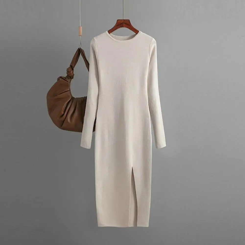 

Soft Dress Elegant Women's Knit Midi Dress Soft Stretchy Sheath with Split Hem Long Sleeves Round Neck for Fall Spring Round