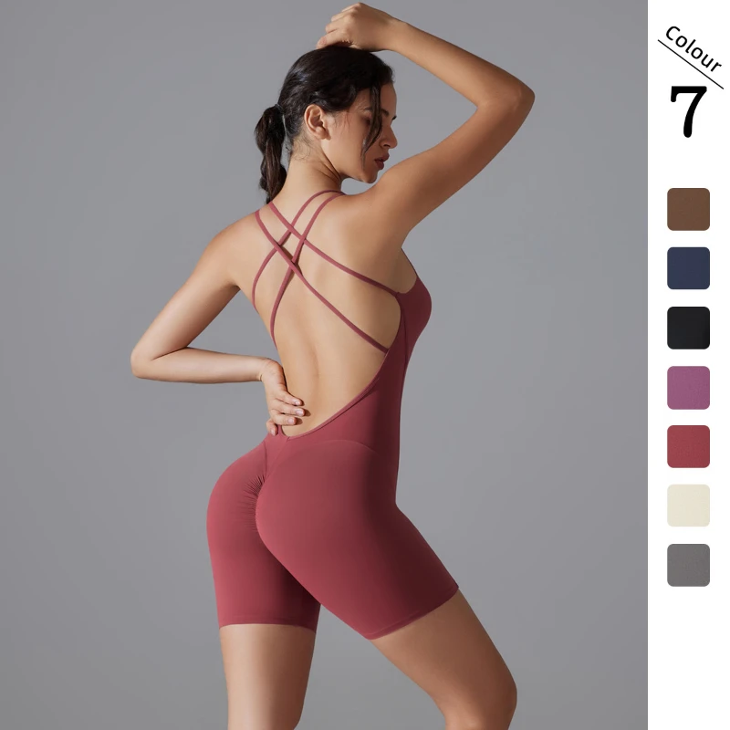 

Hip lift high elastic tight body fitness yoga clothes cross beautiful back no embarrassment line trousers onesie quick drying br