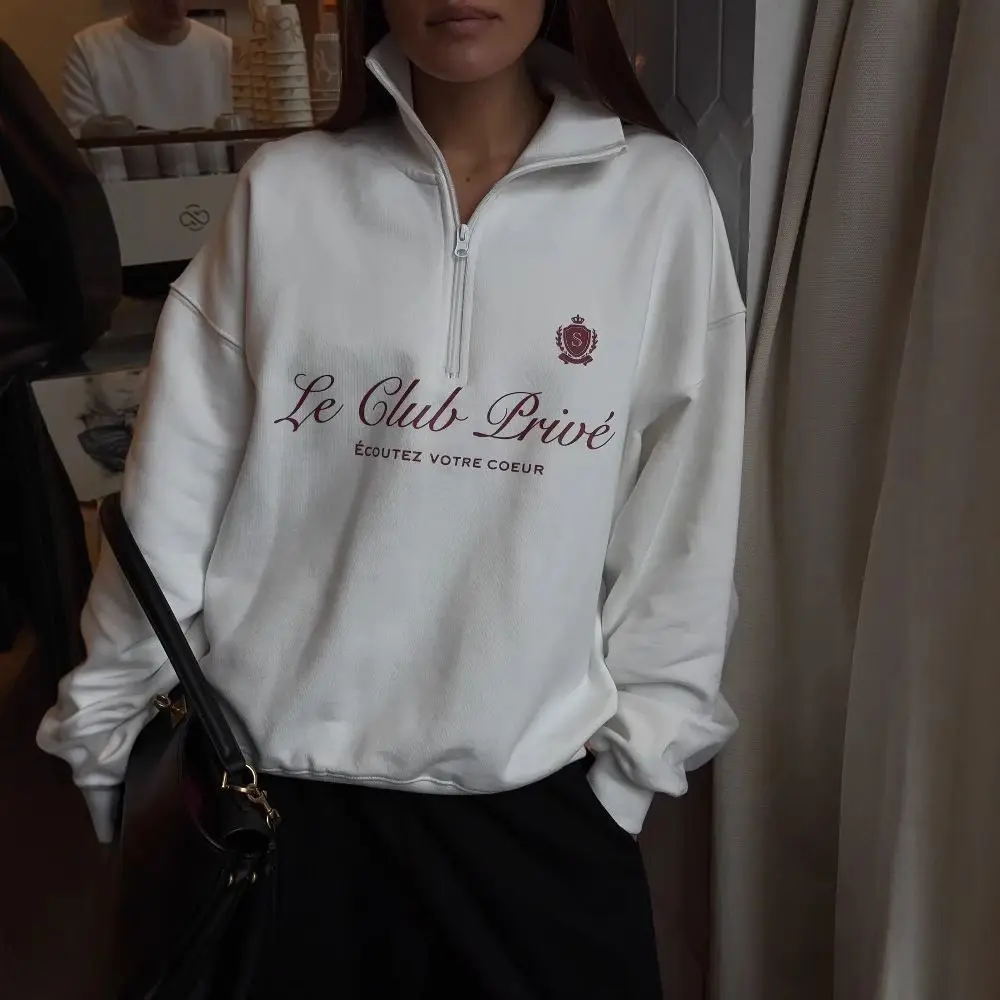 Damskie bluzy w stylu vintage francuskich marek, z zamkiem błyskawicznym, kołnierzykiem, biało-szare, z nadrukiem liter, duże rozmiary, oversize, codzienne topy.