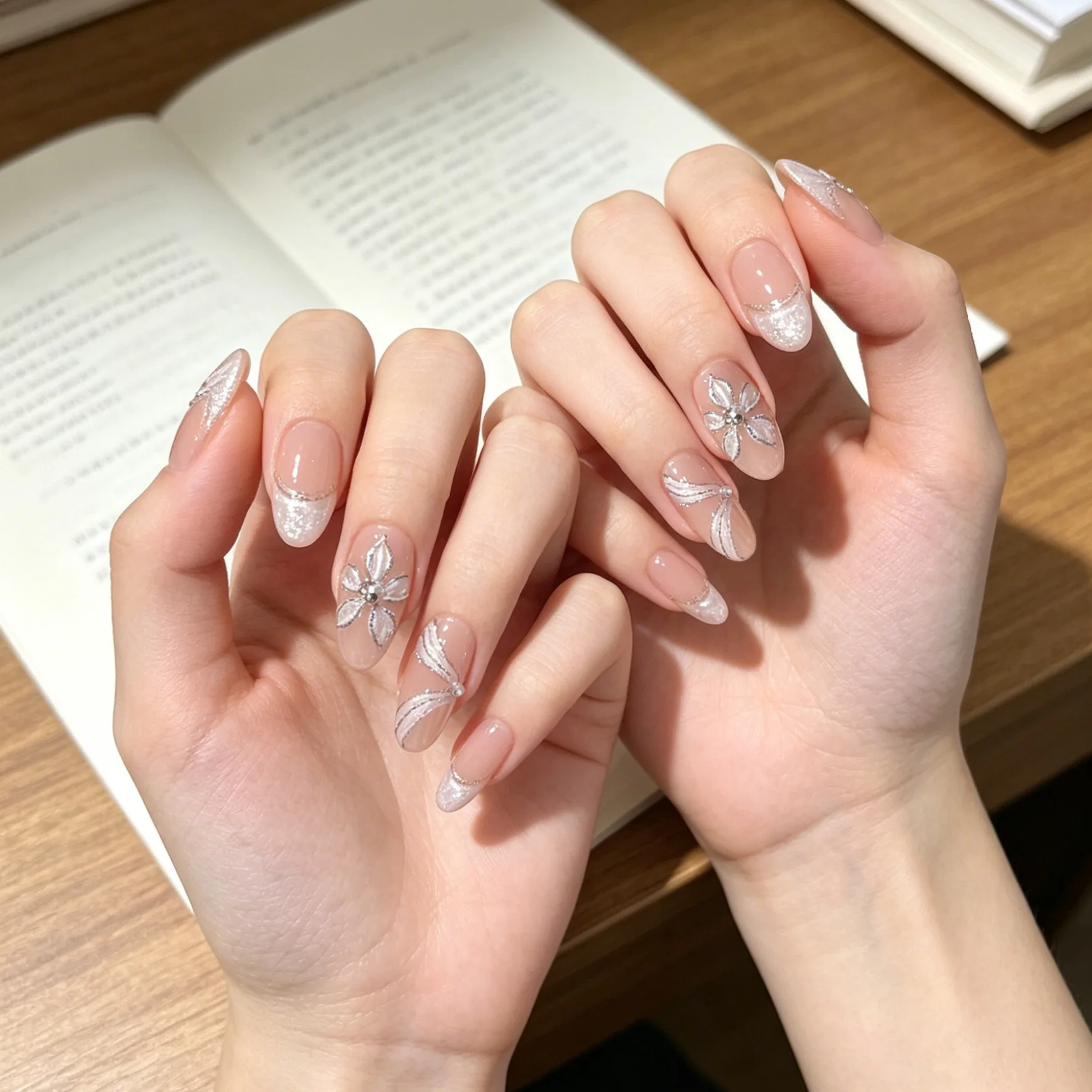10PCS Original Handcrafted Nude Almond Press On Nails, Silver Floral Rhinestone Glitter French Artificial False Nails