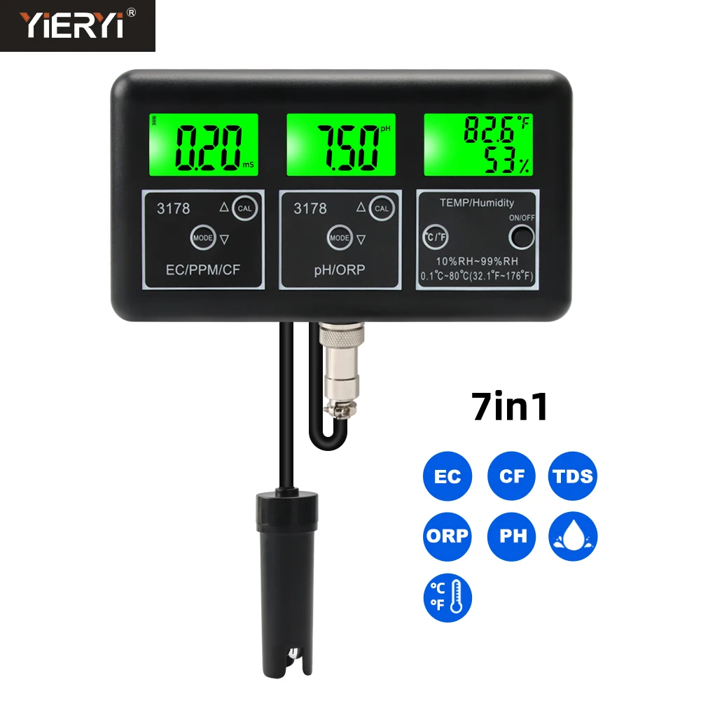 New 7 in 1  PH/ORP/TDS/EC/CF/Temp/moisture Water Quality Tester One Probe with  Multiple Functions  for Fish Tank, Aquarium Etc.