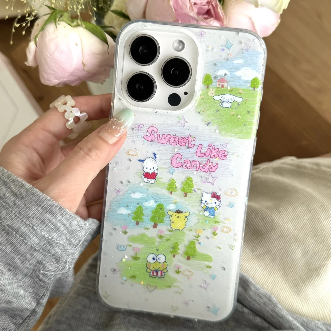 

Spring natural scenery phone Cute Cartoon Hello Kitty Cat Phone Case For iPhone 13 14 15 16 17 Pro Max Creativity Cover﻿﻿