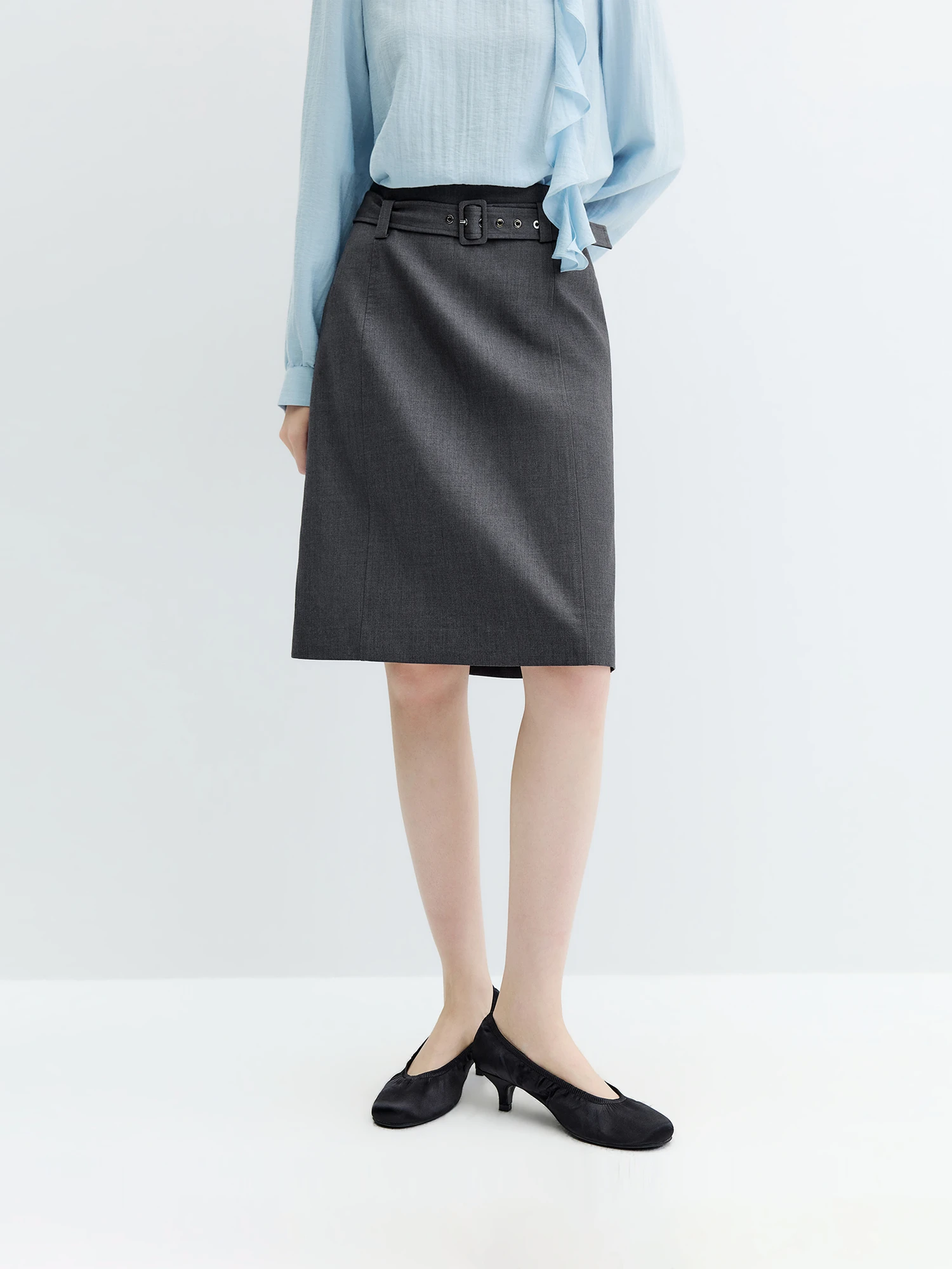 FSLE 2026 Fall Women‘s High Waist A-Line Midi Skirt with Belt Grey Versatile Pleated Office Skirt for Everyday Minimalist Style