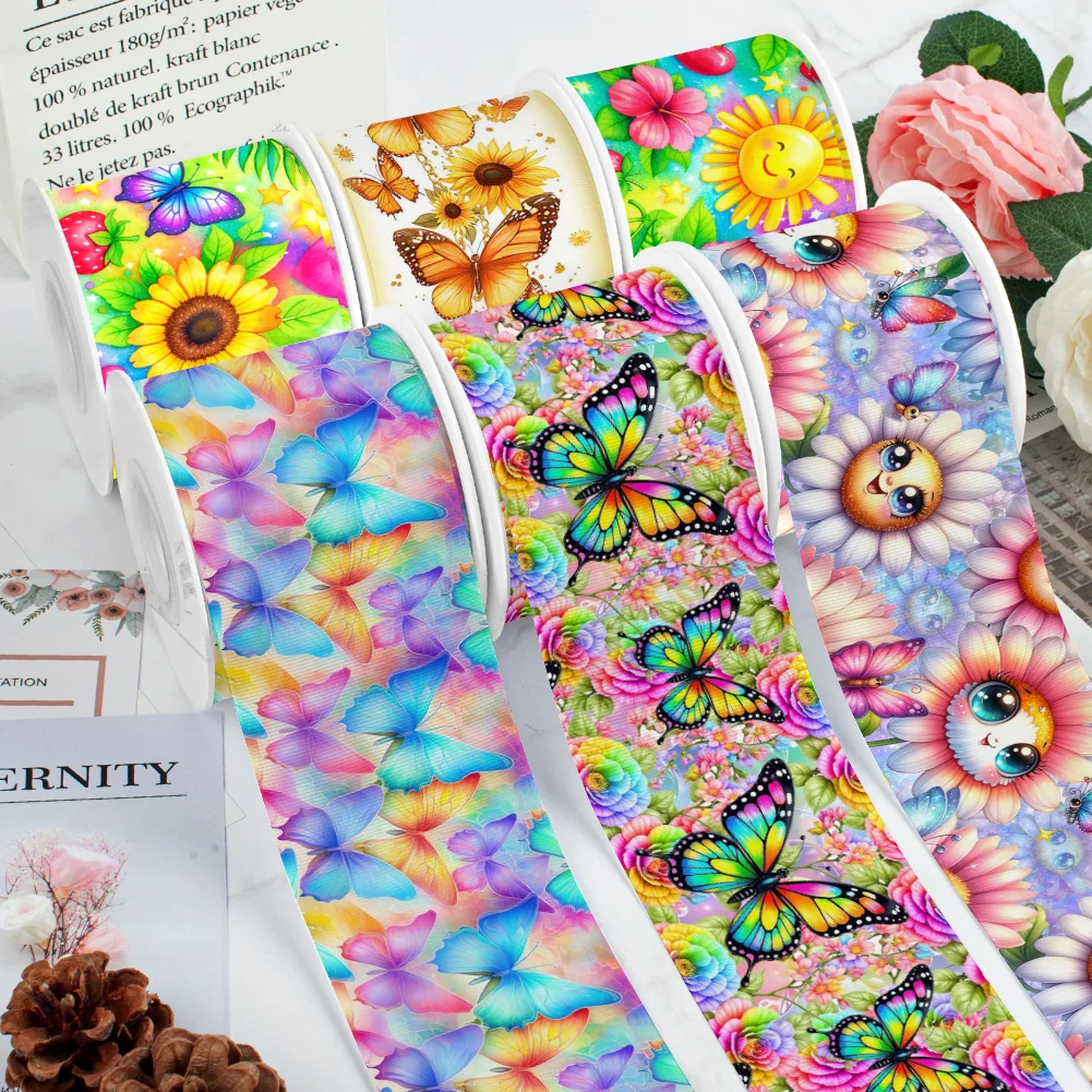 Radiant Butterfly Cartoon Pattern Printed Grosgrain Ribbon for Cheer Bows DIY Girl Headwear Hair Bows Satin Ribbon