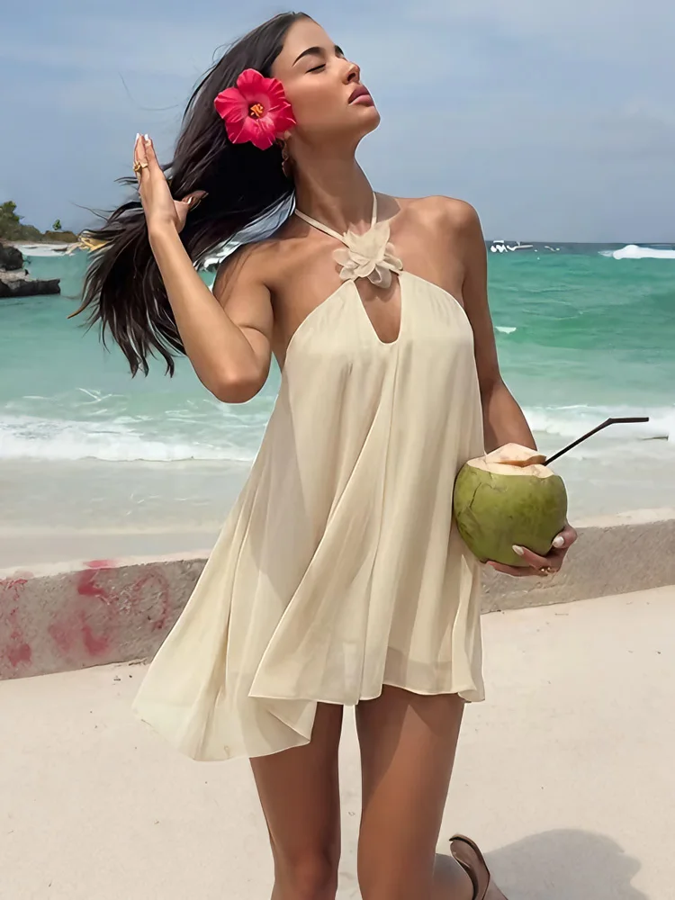 Tossy Women Halter Neck Flower Backless Mini Dress Summer Beach Vacation Chiffon Flowy Keyhole Short Dress Elegant Sundress 2026