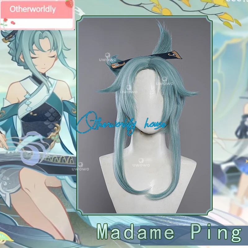 Genshin Impact Madame Ping Cosplay Wig Liyue Adepti Adeptus Cosplay Wig Grey Green 35CM Long Hair