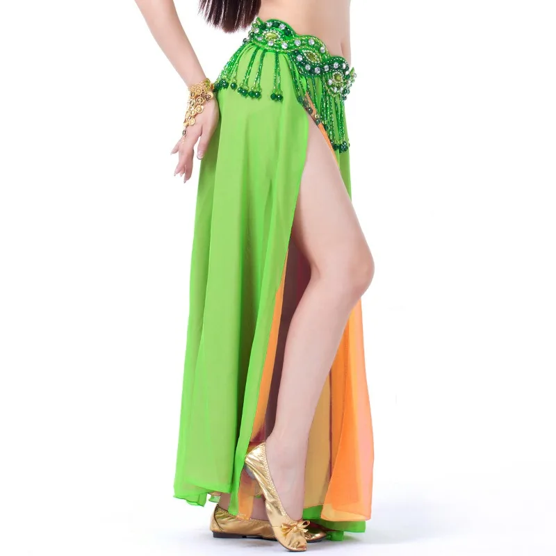 맞춤형 더블 슬릿 쉬폰 스커트 밸리 댄스 의상 벨트가없는 섹시한 밸리 댄스웨어 무대 공연 스커트