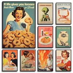 Retro 60s Funny Man Cooking Alien Drinking Beer Posters and Prints Canvas Printing Wall Art Picture for Kitchen Restaurant Decor