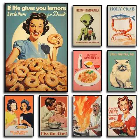Posters retro e impressões para decoração do restaurante, engraçado cozinhar estrangeiro, beber cerveja, lona Wall Art, Imagem para cozinha, 60s
