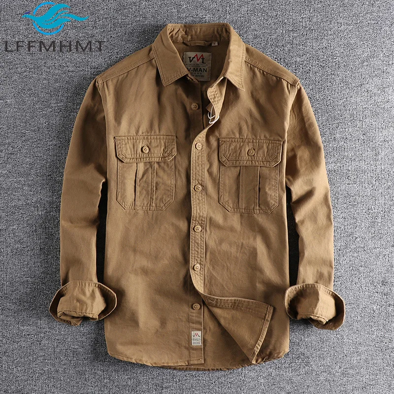 Men Cargo Shirt Multi Pocket Washed 100% Cotton Long Sleeve Lapel Collar Workwear Loose Casual Work Jacket Outerwear Spring Fall