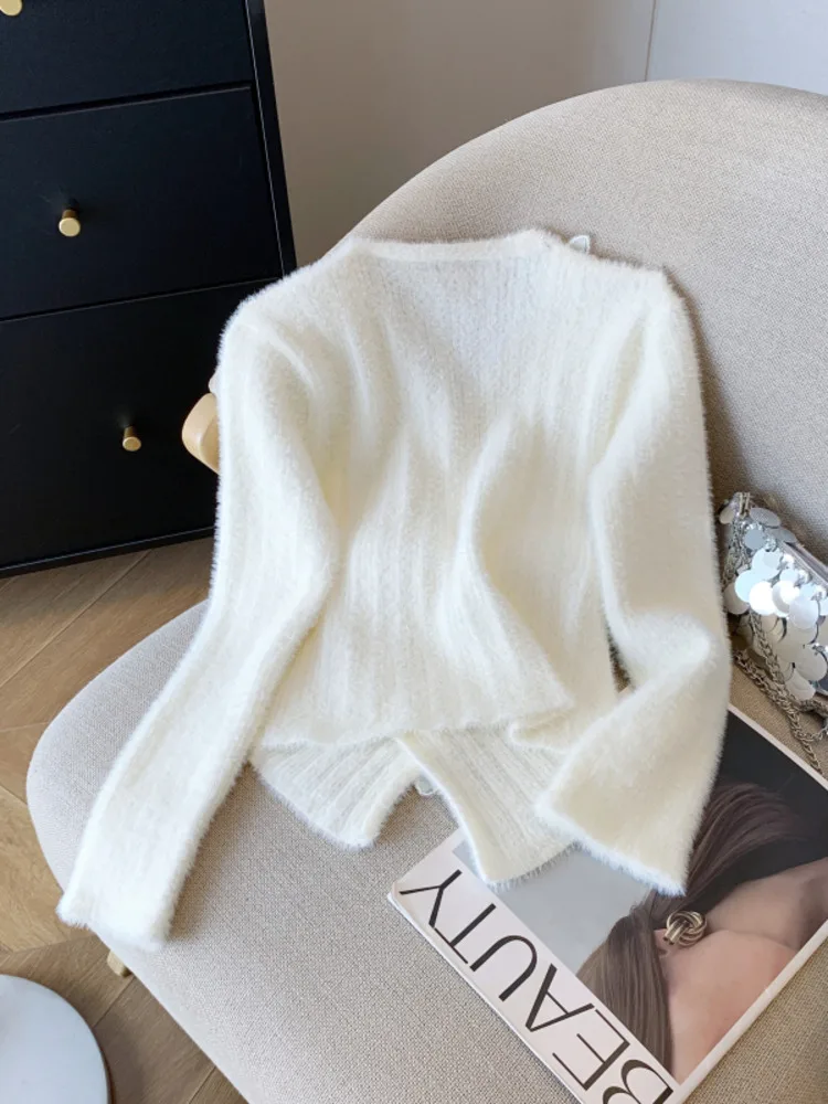 Sexy V-hals Slanke Vlinder Truien Vrouwen Vintage Streetwear 3D Mohair Onregelmatige Gebreide Jumper Franse Retro Lange Mouw Tops