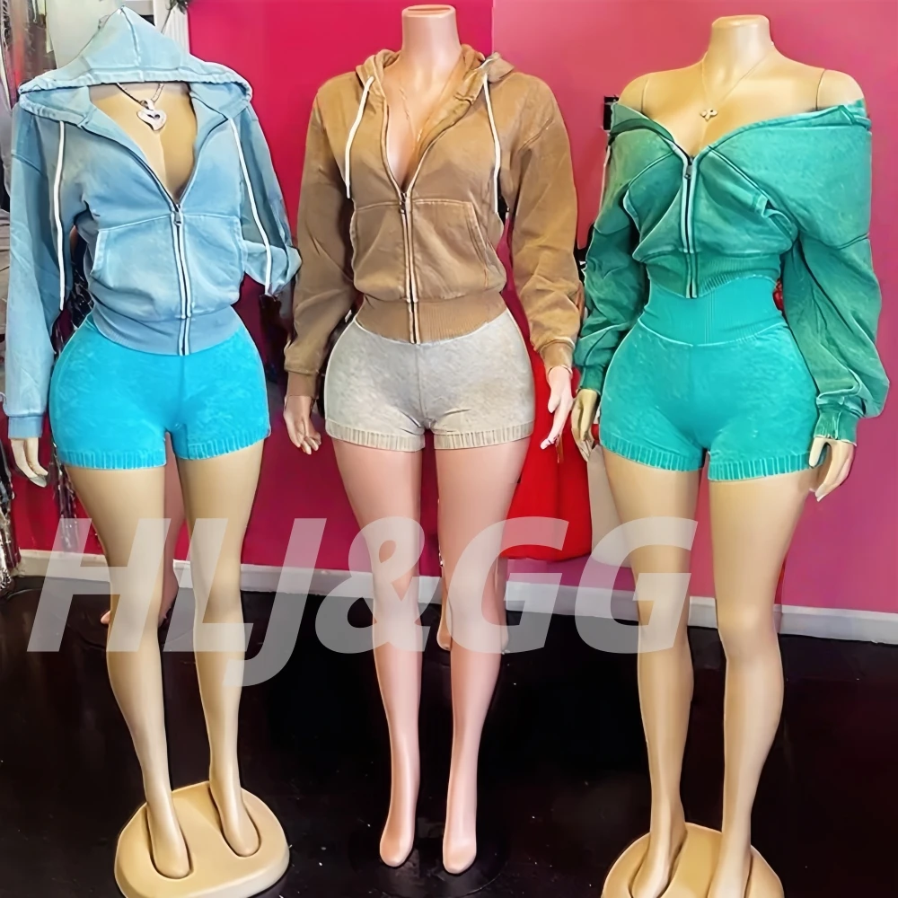 HLJ&GG High Quality Washed Casual Zip Hooded Two Piece Sets Women Long Sleeve Top+Biker Shorts Outfits Fashion Sporty Streetwear
