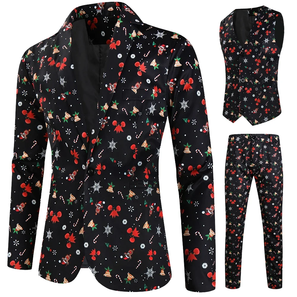 Fashion Christmas Prom Party Stage Costumes Men 3 Piece Sets Suit Jacket + Vest + Trousers Plus Size Xmas Printed Mens Clothing