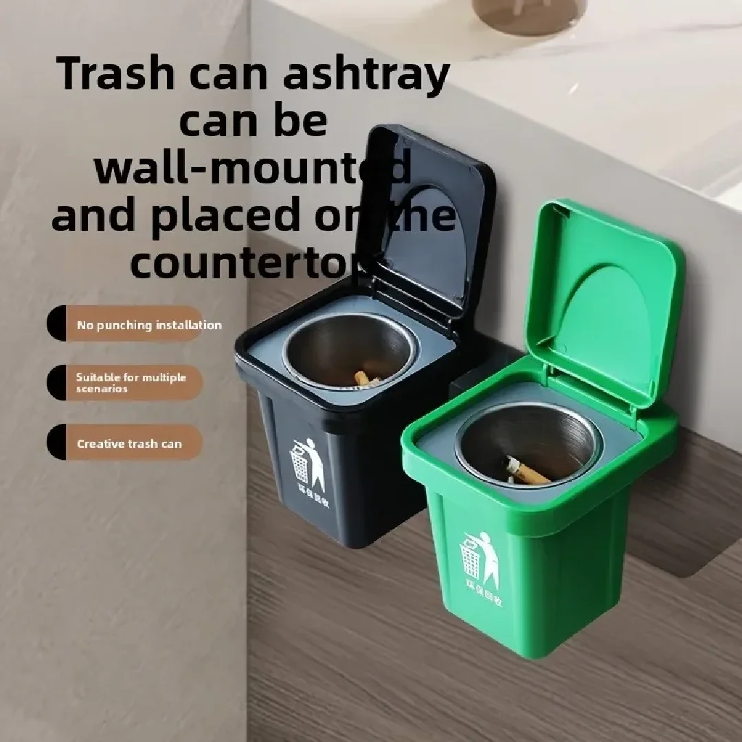 Creative Wall Mounted Trash Can Ashtray Stainless Steel Inner Liner with Lid Anti Fly Ash Toilet Ashtray Cigarette Accessories