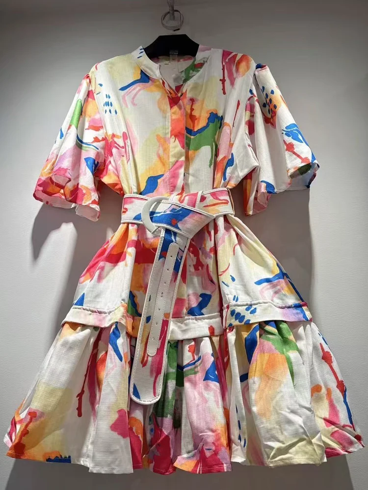 

Sweet vacation style lantern long sleeved single breasted pleated waist belt printed dress