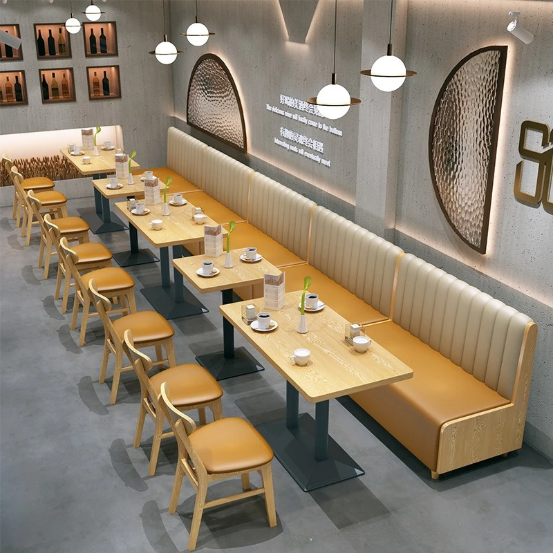 Restaurant Booth Sofa Set Solid Wood, Commercial Dining Table Chair Combination for Hotel Breakfast BBQ Hot Pot