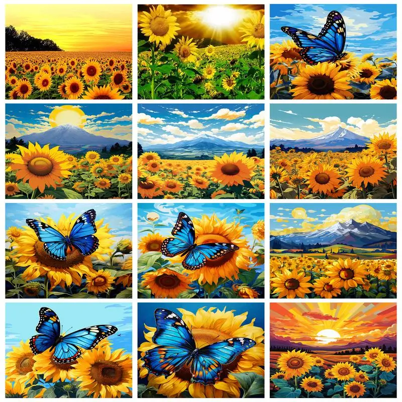 

RUOPOTY Painting By Numbers For Adults Kits Sunflower Blue Butterfly Hand Painting Artwork Flower Home decor