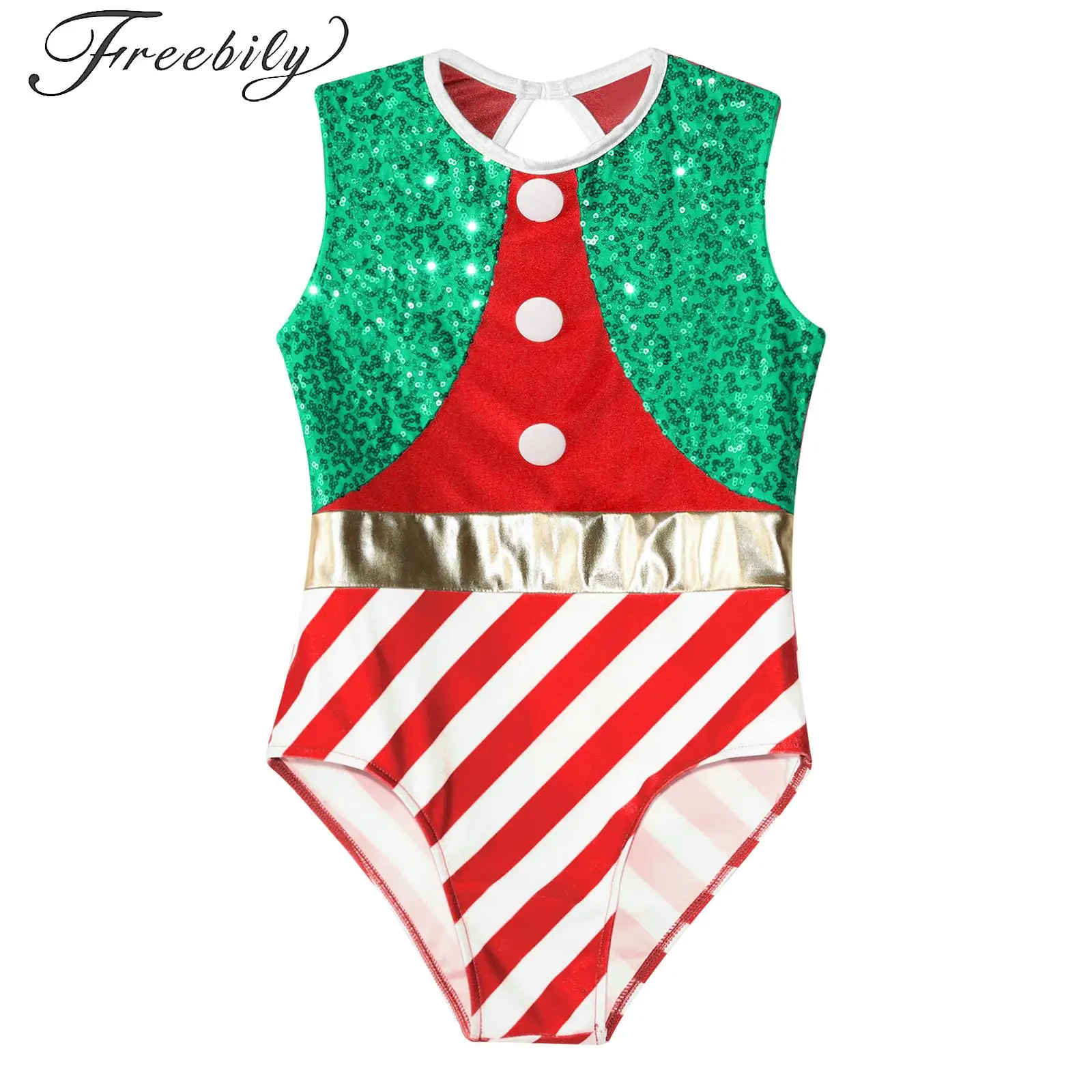 

Candy Cane Ballet Dance Gymnastics Figure Skating Leotard Kids Girls Christmas Striped Sequin Bodysuit Sleeveless Xmas Unitard