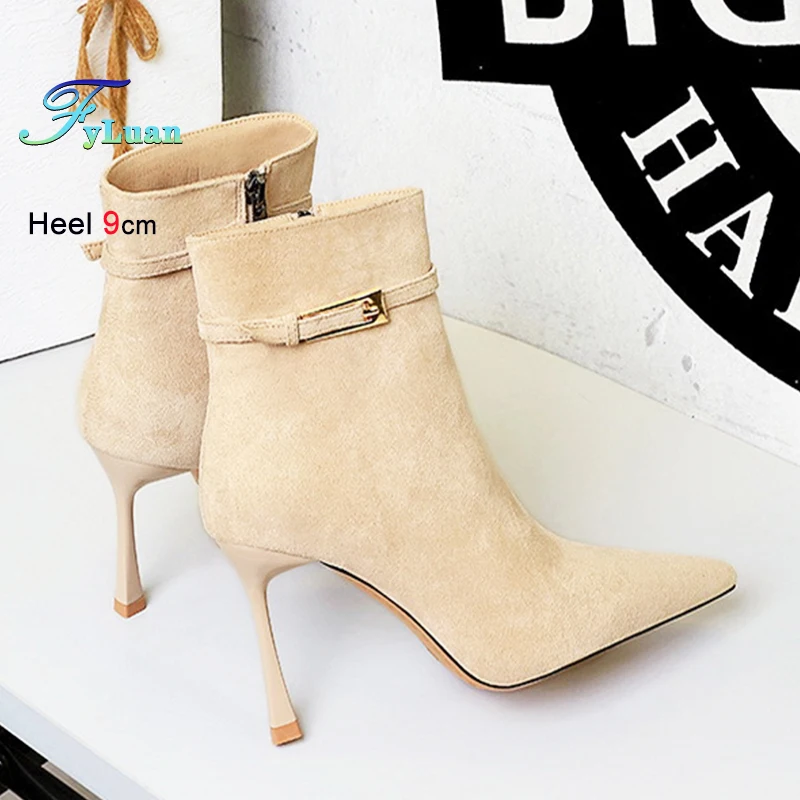 الخريف أحذية للنساء 9 سنتيمتر خنجر الجلد المدبوغ أشار تو الأحذية مكتب حفلة الجانب سستة موضة مشبك معدني عالية الكعب أحذية بوت قصيرة