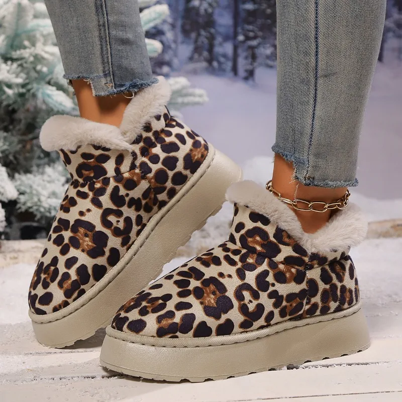 Inverno nuovi stivali da neve piatti da donna a testa tonda con stampa leopardata in pelle scamosciata addensata comodi stivali di cotone