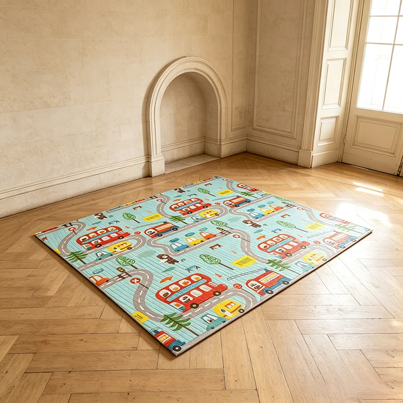 Safe baby anti-slip shock-absorbent crawling mat: waterproof, wipeable, foldable, portable, compact, 2-sided patterns & dual use