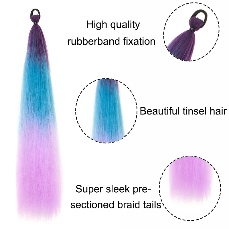 Cola de caballo sintética larga y recta de 24 pulgadas con banda elástica, accesorio de cabello colorido para trenzas DIY 5