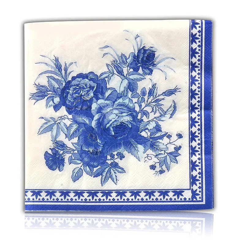 10/20pcs/Pac Blue Classic Gardenia Colourful Printed Napkin Wedding Facial Napkin Placemat Wine Glass Flower Arrangement Paper