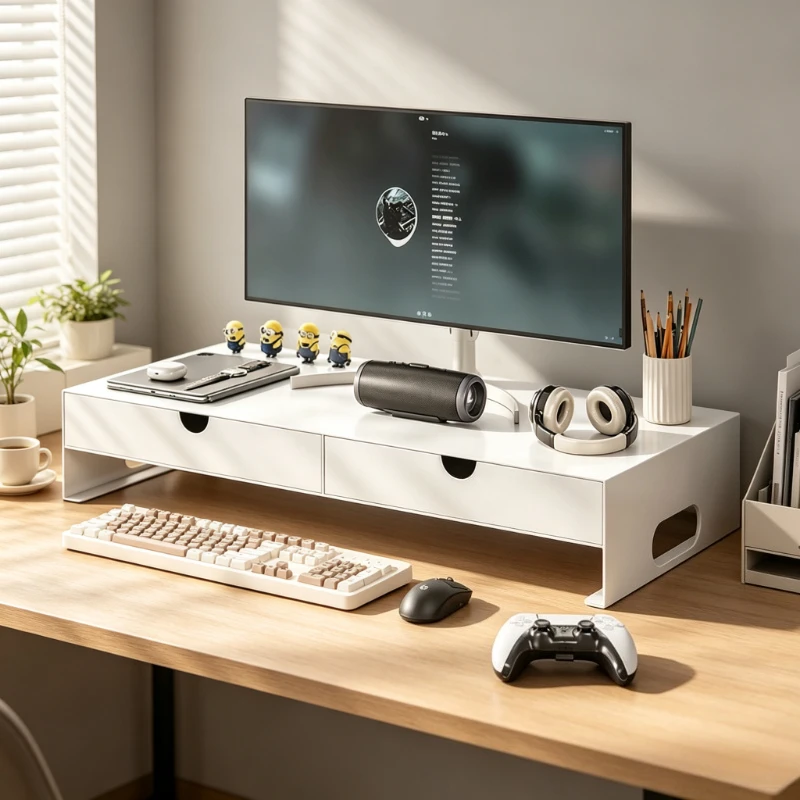 60cm Monitor Stand Riser White Metal Desktop Computer Shelf with Drawer Storage Organizer for Office Home Desk Setup 모니터 받침대