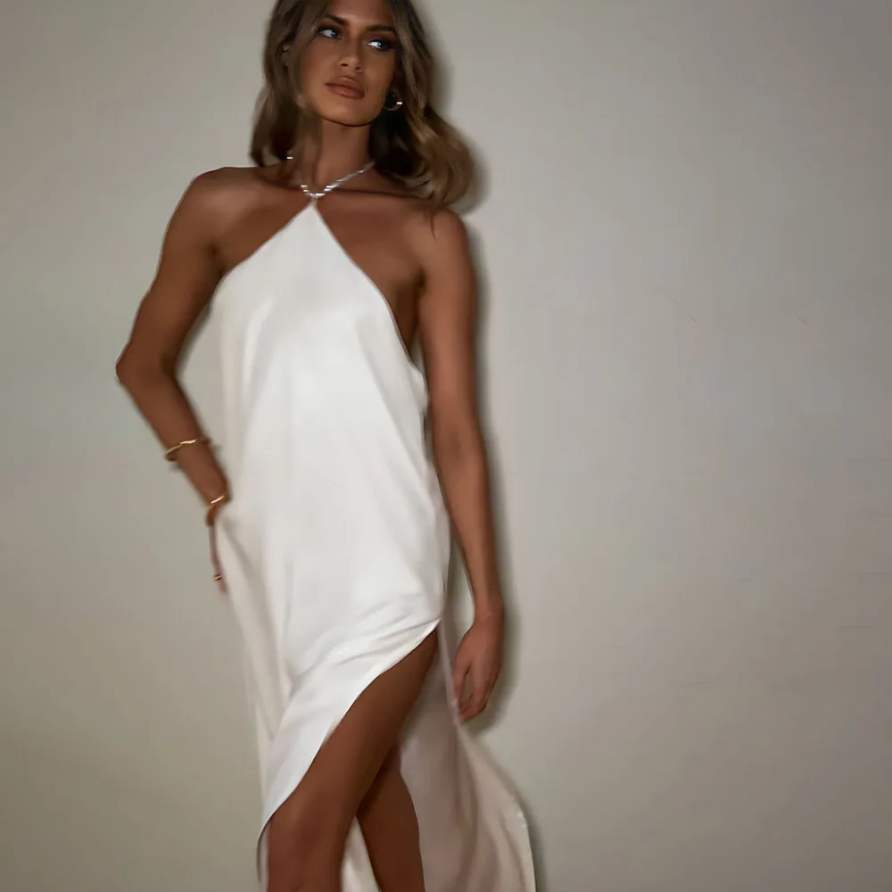 Neues High-End-Satin-Neckholder-Kleid, sexy, rückenfrei, einfarbig, geteilt, schmale Passform, langes Kleid, 2025, Sommerkleid, Robe, Vestido für Frauen